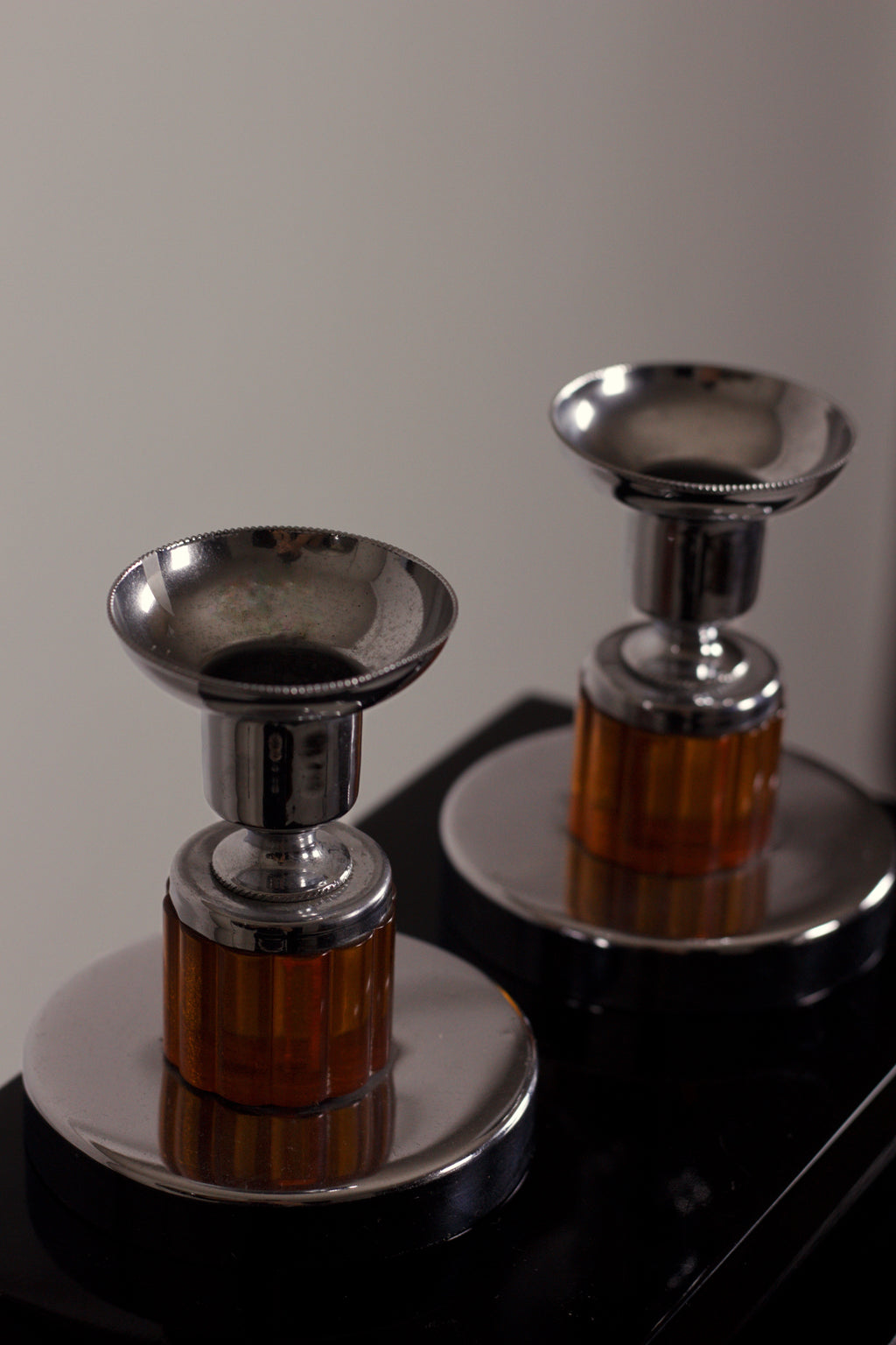 Art Deco Chrome & Amber Candlesticks