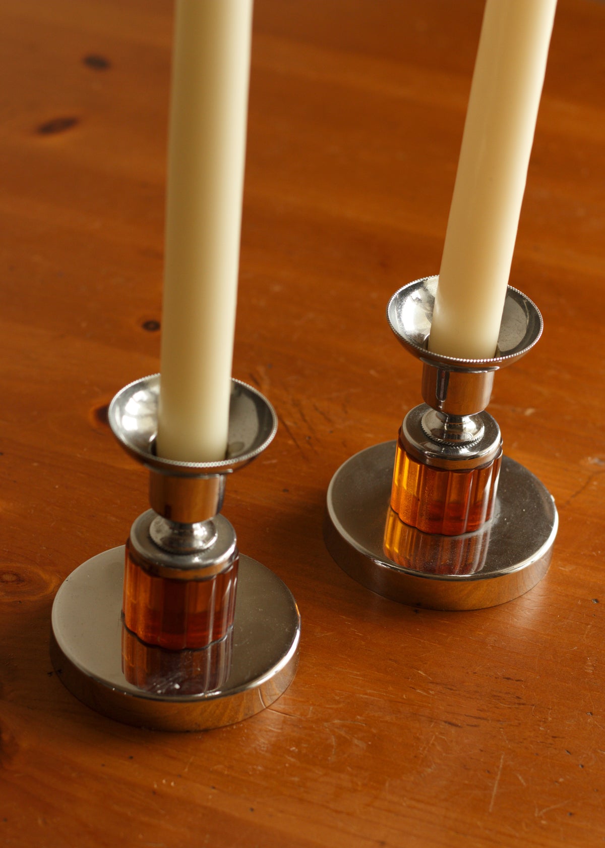 Art Deco Chrome & Amber Candlesticks
