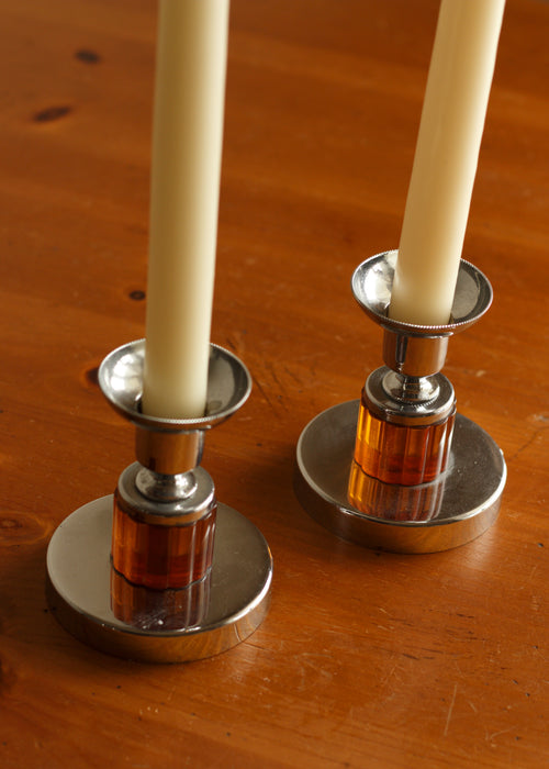 Art Deco Chrome & Amber Candlesticks