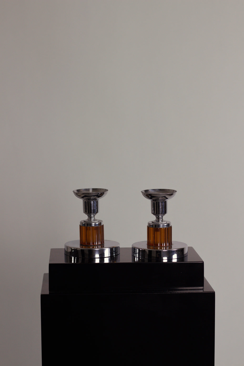 Art Deco Chrome & Amber Candlesticks