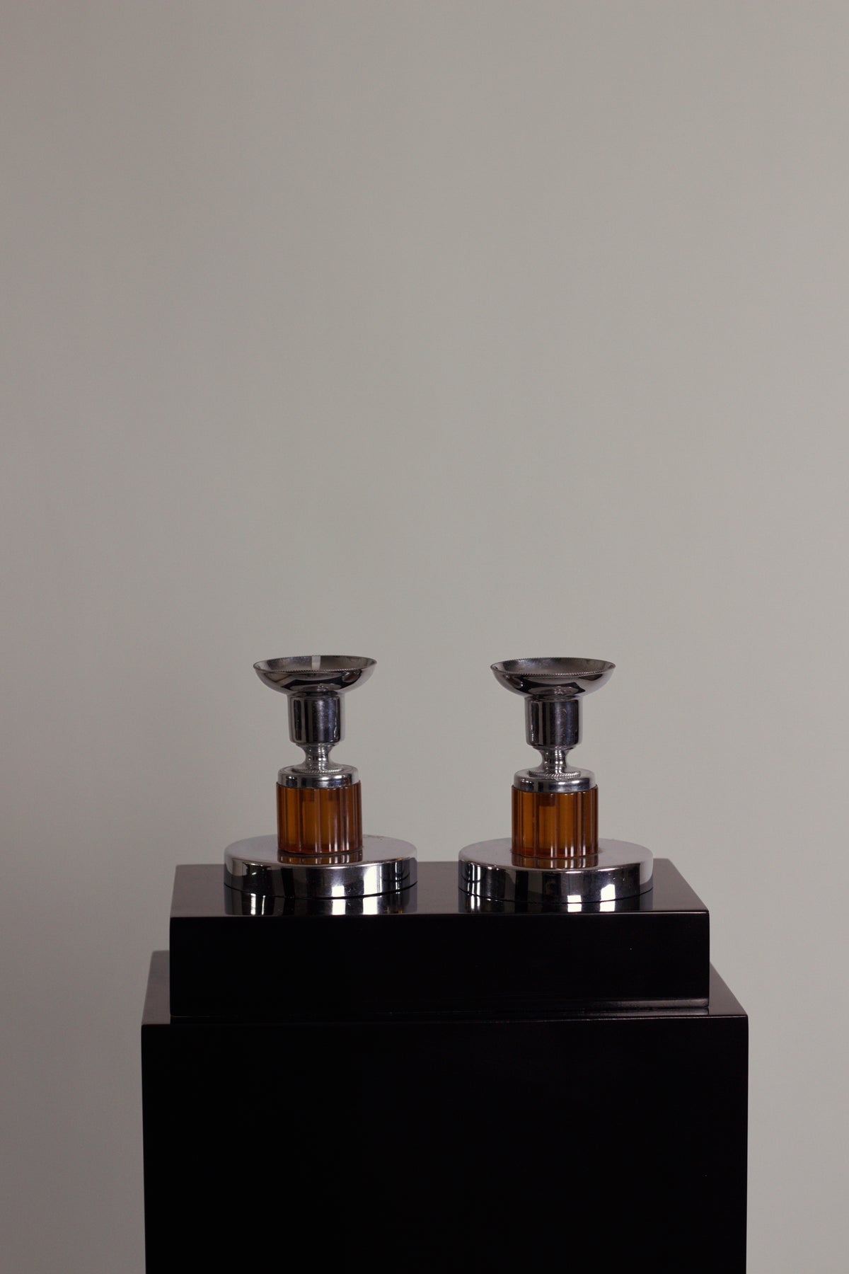 Art Deco Chrome & Amber Candlesticks
